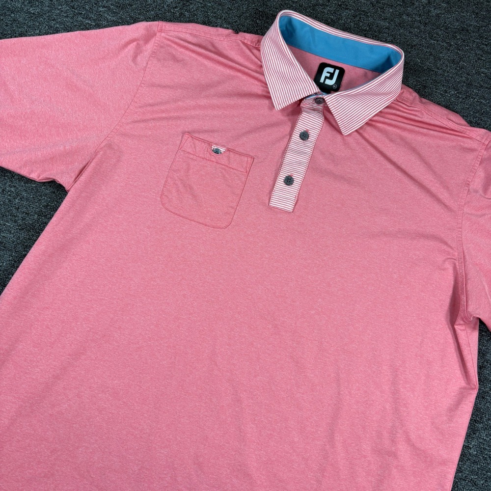 FootJoy Polo Shirt Mens XL Pink Striped Collar Short Sleeve Golf Pique Pocket